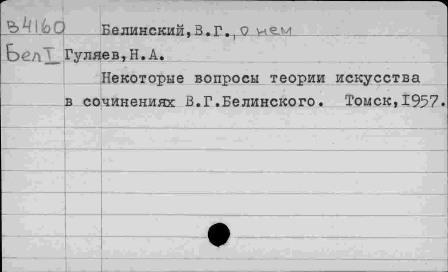 ﻿		Белинский. В	Г., О
Ьел1_	Гуляев,Н.А.		
		Некоторые вопросы теории искусства	
	в сочинениях В.Г.Белинского. Томск,1957.		
			
			
			
			
			
			
			